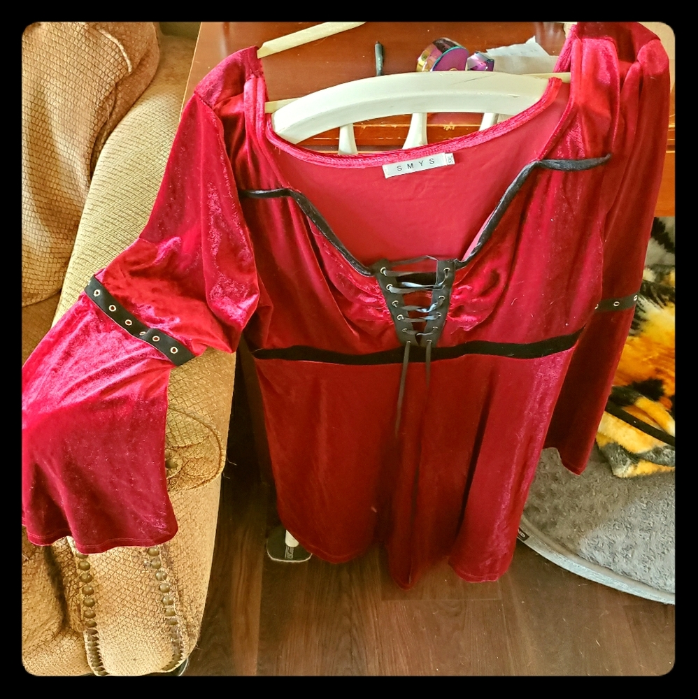 Velvet peasant blouse. bell sleeves, 5xl, laceup